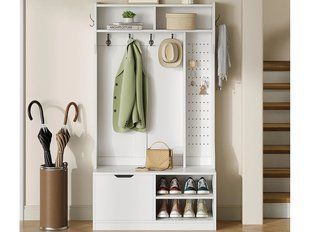 Сучасна шафа для передпокою 100x40x185,4 см - з 6 гачками та 1 дверима - з 4 відкритими полицями - біла 4530392-0005752 фото
