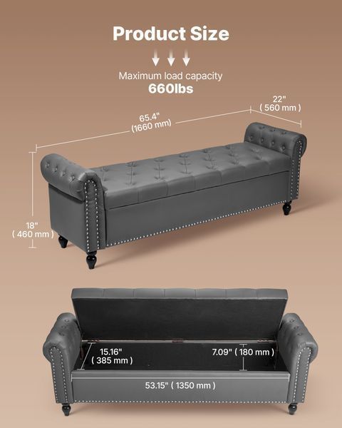 Скамейка-пуф VEVOR (460 x 1660 x 560 мм) из искусственной кожи с деревянными ножками и отделением для хранения, декоративная прострочка пуговицами и закругленные подлокотники, скамейка для обуви с грузоподъемностью 300 кг, скамейка для кровати, скамейка 5756-PZWSZYXTK617Z91XO001V0 фото