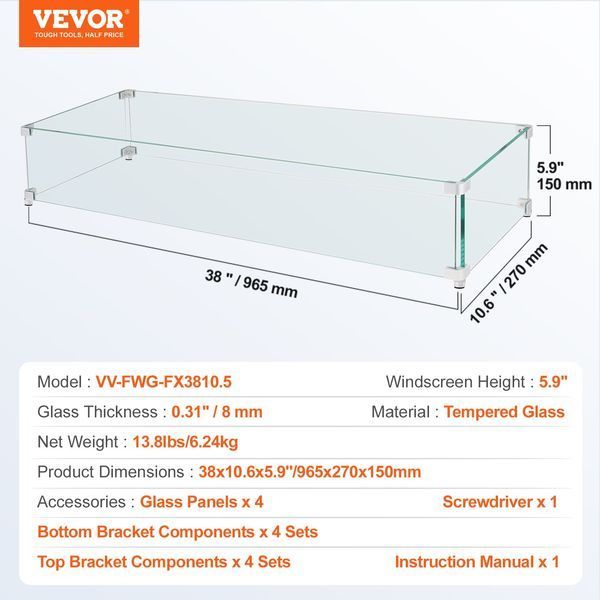 Ветрозащитный экран для костра VEVOR, 38,2 x 10,5 x 6,0 дюймов, прямоугольный, толщина 0,3 дюйма, прозрачный закаленный стеклянный экран для костра, ветрозащитный экран для костра в форме дерева с прочными ножками, подходит для использования с пропаном, 2108-FXFF3810.56INJWBGV0 фото