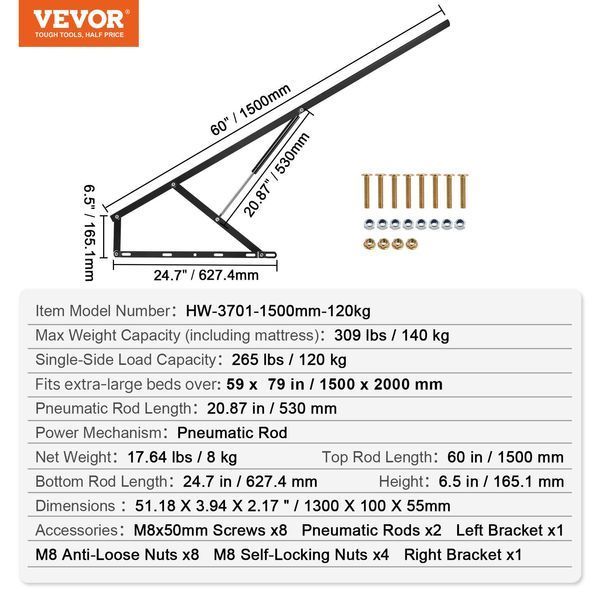 Подъемник для кровати VEVOR, 1300 x 100 x 55 мм, грузоподъемность 120 кг, комплект для сборки механизма откидной кровати, вертикальный, Deluxe, пневматический рычаг, усиленная опора для кровати, складная откидная кровать для гостевой комнаты 10623-CXSJQ1500MM1A79I8V0 фото
