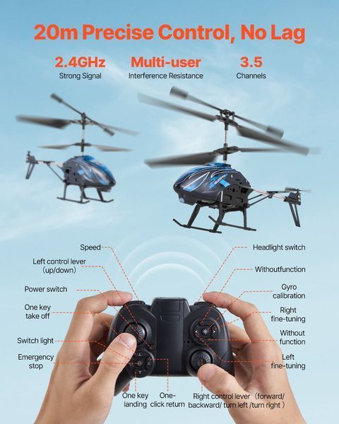 Вертолёт VEVOR RC, 2,4 ГГц, 3,5-канальный пульт дистанционного управления, время полёта 16 минут, удержание высоты, взлёт/посадка одной кнопкой и светодиодная подсветка, игрушка для детей от 8 лет и старше. 12570-PTZSJ3TDSJ24MMK16001V9 фото