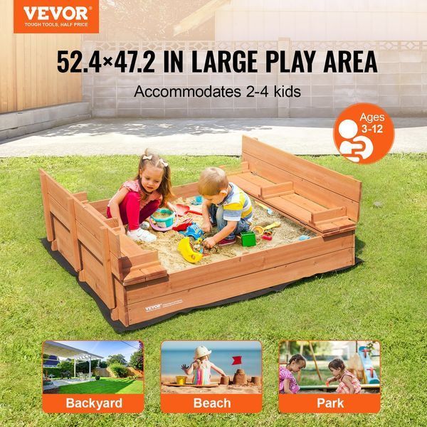 Деревянная песочница VEVOR, 132 x 120 x 43 см, песочница со складными скамейками и напольным покрытием, натуральная деревянная песочница для детей, для сада, пляжа, парка, подарок для мальчиков и девочек в возрасте от 3 до 12 лет. 13064-SXMZFXWDP000U9A8QV0 фото