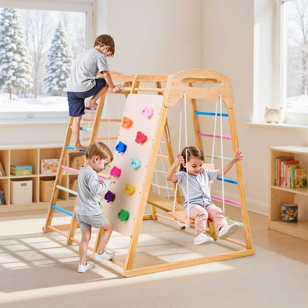 Детский игровой комплекс VEVOR для дома, 9 в 1, изготовлен из дерева, выдерживает нагрузку до 113 кг. Монтессори-набор для лазания с качелями/конструкцией для лазания/горкой/деревянной лестницей/веревочной лестницей/сеткой для 6709-SNYLCLCS9H103KLYK001V0 фото