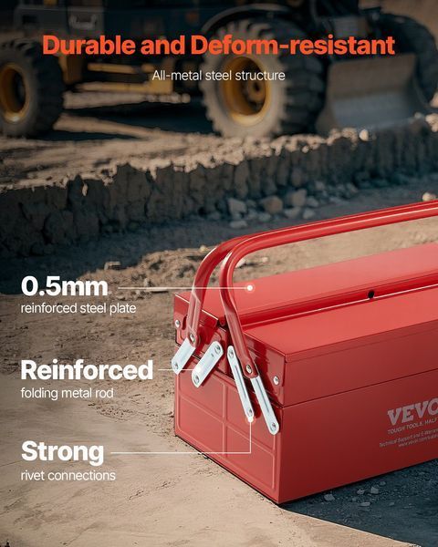Ящик для інструментів VEVOR 355,6 x 200 x 165 мм, 2 рівні, 3 відділення, з ручкою та отвором для замку, сталь з порошковим покриттям, кейс для інструментів для дому, заводу, складу, ремонтної майстерні, червоний 11828-FDSBXSGJX14I7NN0BV0 фото