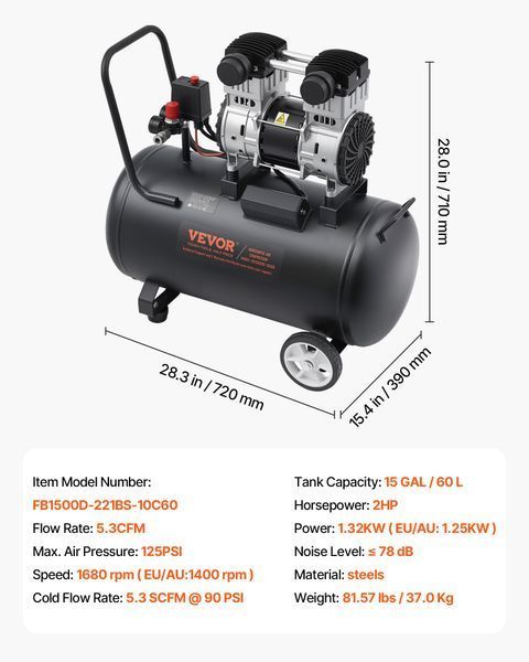 Воздушный компрессор VEVOR, стальной бак на 15 галлонов, 2 л.с., 5,3 CFM при 90 PSI, безмасляный компрессор с максимальным давлением 125 PSI, уровень шума 78 дБ, сверхтихий, портативный компрессор, для авторемонта, накачивания шин, покраски распылением. 0411-WYWSKYJ60L14J9EI6V2 фото