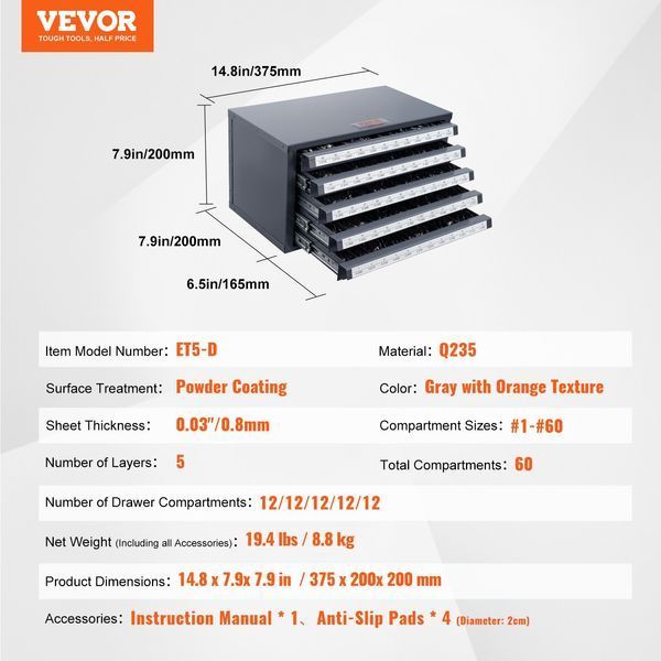 Шкаф для сверл VEVOR, органайзер для сверл с пятью выдвижными ящиками для диспенсеров сверл № 1&ndash;60, изготовлен из стали с этикетками, складной диспенсер для хранения сверл и гравировальных насадок. 0511-ZTFPGJX1D60WON2CZV0 фото