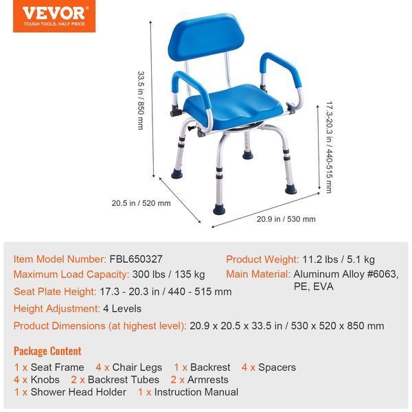 Поворотное сиденье для душа VEVOR с регулировкой на 360 градусов, вращающимися подлокотниками и мягким сиденьем, подходит для душа или ванны, нескользящее поворотное сиденье для пожилых людей с ограниченными возможностями, грузоподъемность 136 кг. 6511-GDSYGZYTLSLKVG9ABV0 фото