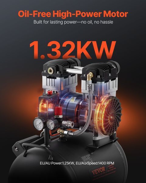 Компресор VEVOR, сталевий бак на 10 галонів, 2 к.с., 5,3 CFM при 90 PSI, безмасляний компресор з максимальним тиском 125 PSI, рівень шуму 78 дБ, надтихий, портативний компресор, для авторемонту, накачування шин, пофарб. 0412-WYWSKYJ40L14358ANV2 фото