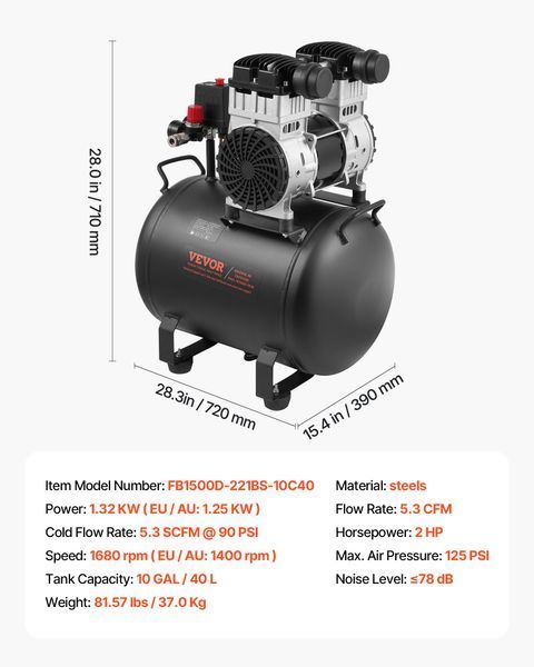 Компресор VEVOR, сталевий бак на 10 галонів, 2 к.с., 5,3 CFM при 90 PSI, безмасляний компресор з максимальним тиском 125 PSI, рівень шуму 78 дБ, надтихий, портативний компресор, для авторемонту, накачування шин, пофарб. 0412-WYWSKYJ40L14358ANV2 фото