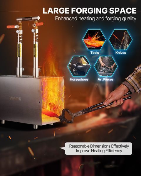 Переносна пропанова кузня VEVOR з 2 пальниками, 1427 &deg; C, квадратна ковальська піч, нержавіюча сталь, інструменти та обладнання для газового кування, плавильна піч, що використовується при кованні металу. 2813-FXDZL2GHQSYDDDWHI001V0 фото