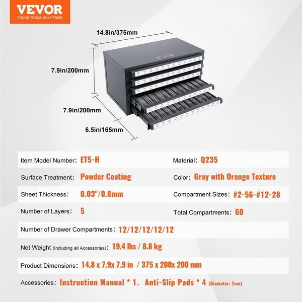 Шафа-диспенсер для свердлів VEVOR, 5-ящиковий органайзер для мітчиків для диспенсера свердлів № 2-56-#12-28, виготовлений зі сталі з етикетками, шафа з 60 відділеннями, що штабелюється, сірий. 0513-ZTFPGJX256D1DU5WJV0 фото