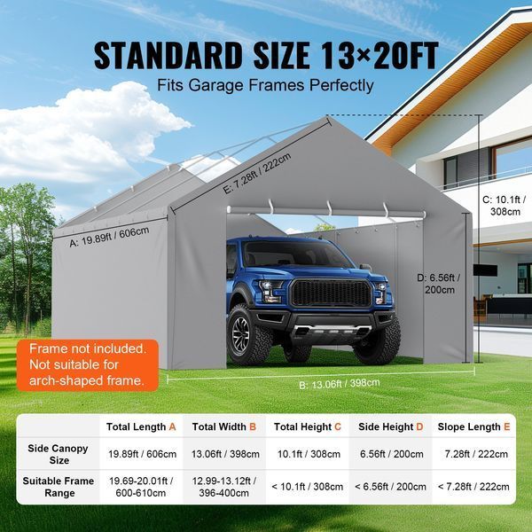 Бічні стінки гаражного намету VEVOR Carport Garage Tent 606 x 398 x 308 см, міцна, водонепроникна та захищена від УФ-випромінювання, сіра (верхня частина та каркас у комплект не входять). 4963-CKPB13X20FTH07RMFV0 фото