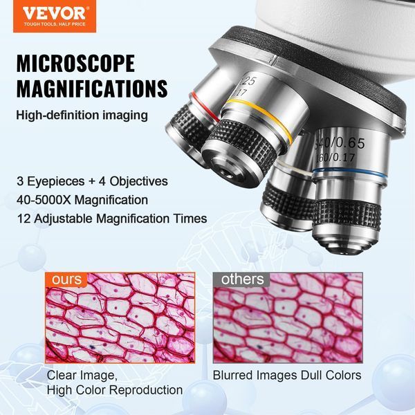 Тринокулярний мікроскоп VEVOR 10X, 25X, 2X, складовий мікроскоп з допоміжними лінзами, об'єктиви 4X, 10X, 40X, 100X, лабораторний мікроскоп з падаючим світлом, збільшення 40-5000, 100-240 В, лабораторний мікроскоп 6663-FSXWJ5000XSME13QFV2 фото