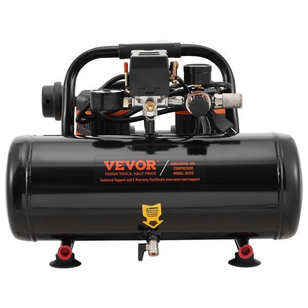 Компресор VEVOR, сталевий бак на 2 галони, 1 к.с., 2,5 CFM, 8 бар, безмасляний, максимальний тиск 120 PSI, рівень шуму 81 дБ, надтихий портативний компресор, для ремонту автомобілів, накачування шин, фарбування розпиленням. 0414-WYWSKYJ8L750PU481V2 фото