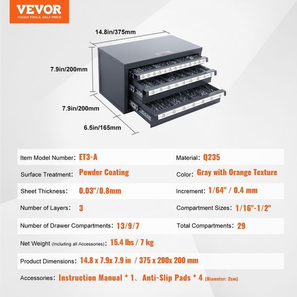 Шкаф для сверл VEVOR, органайзер для сверл с тремя ящиками для сверл диаметром от 1/16 до 1/2 дюйма, стальной органайзер для сверл с этикетками, складной диспенсер для хранения сверл. 0514-ZTFPGJXZTSCT6N0G8V0 фото