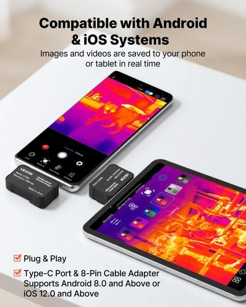Тепловизионная камера VEVOR для iOS и Android, разрешение 512x384 Super IR и 256x192 IR, с макрообъективом, для смартфонов и планшетов с разъемом USB-C, 25 Гц, инфракрасная камера для осмотров в диапазоне температур от -20&deg;C до 550&deg;C 3915-KDSRCXY2561960W1B001V9 фото