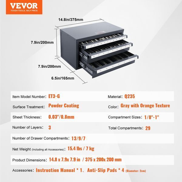 Органайзер для фрез VEVOR, трехъярусный шкаф для фрез от 1/8" до 1", стальной шкаф с органайзером для диспенсера фрез с этикетками, штабелируемый, с 29 отделениями. 0515-ZTFPGJX18D1SM1MR6V0 фото