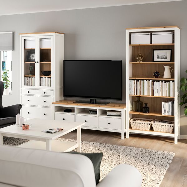 ИКЕА Тумба под телевизор HEMNES ХЕМНЭС, 192.995.71 Тумба под телевизор, белое пятно, Светло-коричневое прозрачное стекло, 326x197 см 192.995.71 фото