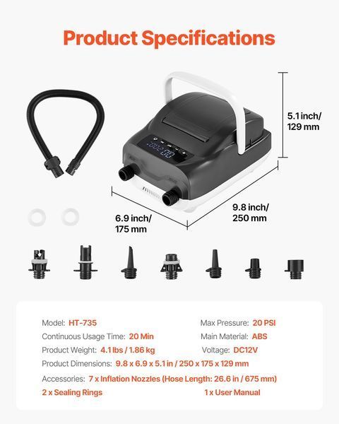Электрический двухступенчатый насос для SUP-досок VEVOR (20 PSI) с автоматическим отключением и подключением к источнику постоянного тока 12 В, накачивает и спускает воздух, идеально подходит для надувных SUP-досок, палаток и матрасов. 12333-JBDDQB20PSICP3PYSV9 фото