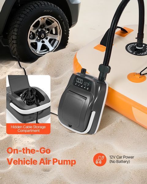 Электрический двухступенчатый насос для SUP-досок VEVOR (20 PSI) с автоматическим отключением и подключением к источнику постоянного тока 12 В, накачивает и спускает воздух, идеально подходит для надувных SUP-досок, палаток и матрасов. 12333-JBDDQB20PSICP3PYSV9 фото