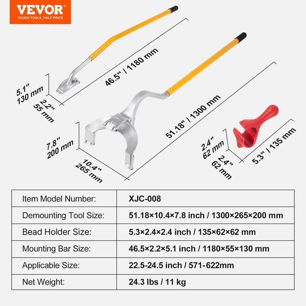 Шиномонтажний верстат VEVOR 571-622 мм, регульований, 546 x 265 x 200 мм, монтажна лопатка, інструмент для заміни шин, жовта монтажна лопатка. 1116-LTCZJHSPSL7IJPEMDV0 фото
