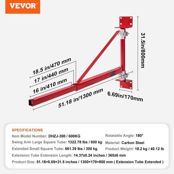 Електрична лебідка VEVOR вантажопідйомністю 600 кг, рукоятка лебідки, поворотна стріла зі штангою, сталева рама лебідки, що обертається на 180&deg; підйомник для будівельних риштувань, лебідка, лебідка для майстерні та гаража 0916-HLZJTZ200100C8VC9V0 фото