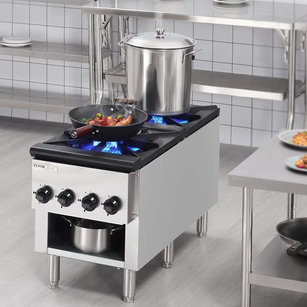 Профессиональная газовая плита VEVOR с тумбой и 2 конфорками, работающая на пропане/природном газе, газовая варочная панель из нержавеющей стали, коммерческий кухонный прибор размером 460 x 1170 x 610 мм для ресторанов, отелей, кафе, 52 кВт. 3116-SYTSRQZDJK2GO4XVFV0 фото
