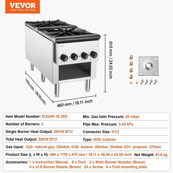 Профессиональная газовая плита VEVOR с тумбой и 2 конфорками, работающая на пропане/природном газе, газовая варочная панель из нержавеющей стали, коммерческий кухонный прибор размером 460 x 1170 x 610 мм для ресторанов, отелей, кафе, 52 кВт. 3116-SYTSRQZDJK2GO4XVFV0 фото