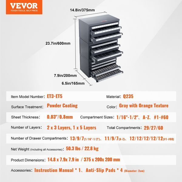 Шкаф для сверл VEVOR, 3-секционный, с тремя ящиками для сверл диаметром от 1/16" до 1/2" и размерами букв от A до Z, органайзер для сверл с пятью ящиками для проволоки диаметром от #1 до #60, складной шкаф. 0517-ZTFPGJXWSJTZQHBVLV0 фото
