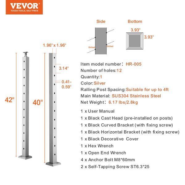 Стойка для лестничного ограждения VEVOR Cable 106,68 x 5,08 x 5,08 см, угол 30&deg;, отверстие, 12 предварительно просверленных отверстий, стойка из нержавеющей стали SUS304 с изогнутым кронштейном, серебристый 1JZLGZ1067556VUN5V0 10366-1JZLGZ1067556VUN5V0 фото
