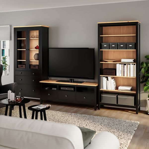 ИКЕА Тумба под телевизор HEMNES ХЕМНЭС, 093.365.69 Тумба под телевизор, черно-коричневый, Светло-коричневое прозрачное стекло, 326x197 см 093.365.69 фото