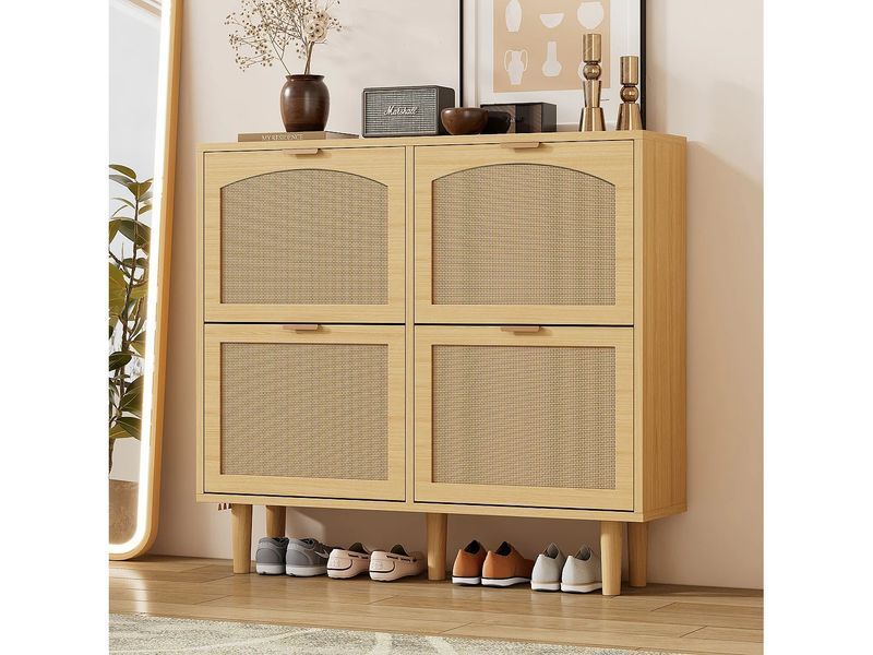 Обувной шкаф из ротанга - 100 x 25 x 90,3 см - с 4 выдвижными ящиками - ДСП - натуральный цвет 4192873-0005766 фото
