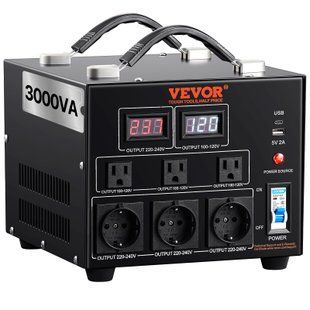 Трансформатор живлення VEVOR 3000 Вт змінного струму 110&ndash;220 В, 3 вихідні роз'єми NEMA 5-15R (США), 3 вихідні роз'єми Shuko (Європа), 1 роз'єм USB та 1 роз'єм Type-C. 3774-DYZHQ110V230VX4UMV2 фото