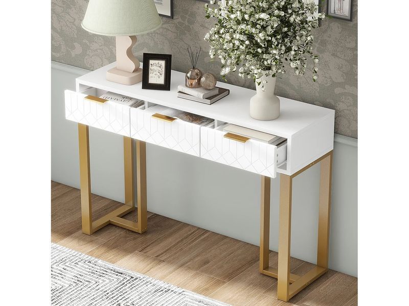 Современный консольный столик с 3 ящиками - 120 x 36 x 80 см - МДФ - для гостиной, прихожей - белый + золотой 3732402-0005455 фото