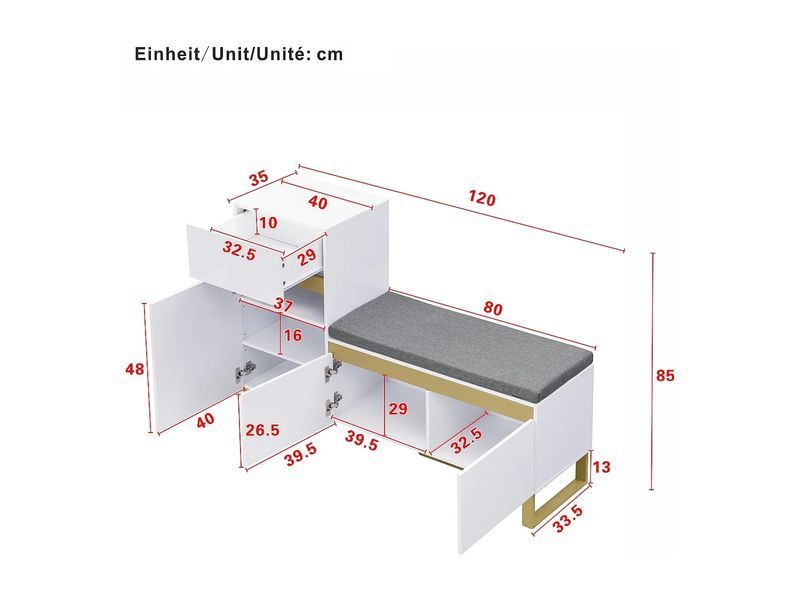 Шафа для взуття для передпокою - 120 x 35 x 85 см - з 2 дверцятами + 1 шухлядою + лавкою - МДФ - біла 4819229-0057833 фото
