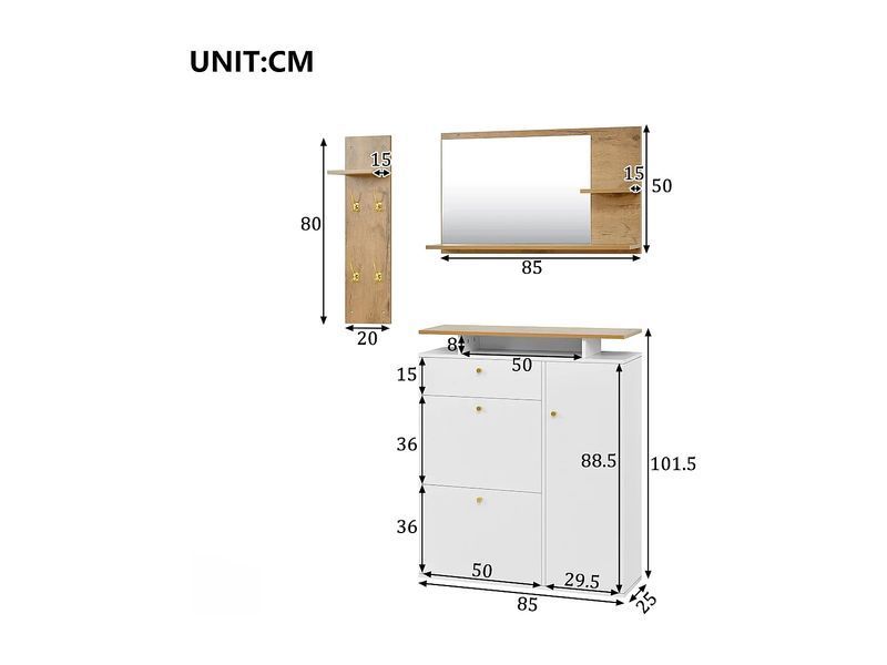 3-секційна вбудована шафа - 105 x 25 x 151,5 см - з дзеркалом + настінною полицею + шафою для взуття - ДСП - біла 4853678-0005917 фото