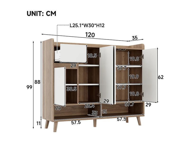 Шкаф для обуви 120x35x90 см - с 4 дверцами и 1 выдвижным ящиком - регулируемая полка - Натуральный + Белый 4889475-0006268 фото