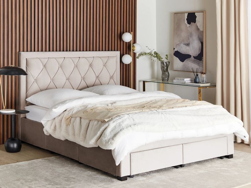 Ліжко з шухлядами для зберігання Оксамит LIEVIN 160 x 200 см (EU King Size) Бежевий 339641-387778 фото