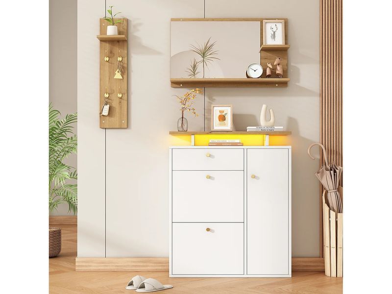 3-секційна вбудована шафа - 105 x 25 x 151,5 см - з дзеркалом + настінною полицею + шафою для взуття - ДСП - біла 4853678-0005917 фото
