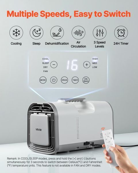 Портативный кондиционер VEVOR 530 Вт, 3000 BTU, DC24V/AC, с вытяжным шлангом, пультом дистанционного управления, 24-часовым таймером, кемпинговый кондиционер с производительностью 200 м&sup3;/ч для автодомов, палаток и грузовиков. 9097-BXSLYKDJRDC2YAB5J001V2 фото