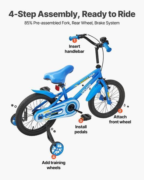 Дитячий велосипед VEVOR, 18-дюймовий велосипед у стилі BMX з додатковими коліщатками, рекомендований ріст дитини 110-140 см, міцний та легко збирається, велосипед для маленьких хлопчиків та дівчаток, щоб навчитися кататися, синій. 9782-ETZXC18INCHB6H2F5V0 фото