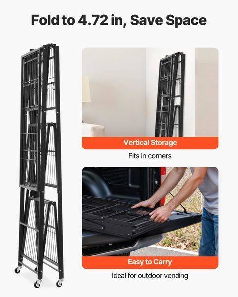 Складные 4-ярусные полки VEVOR на колесиках, 53 x 91 x 152 см, прочная складная полка, отдельно стоящая полка, полка для домашнего использования, кухонная полка, металлическая полка для гаража, кухни, подвала, черные 9983-YDKZDHJHS4C2H57U9001V0 фото