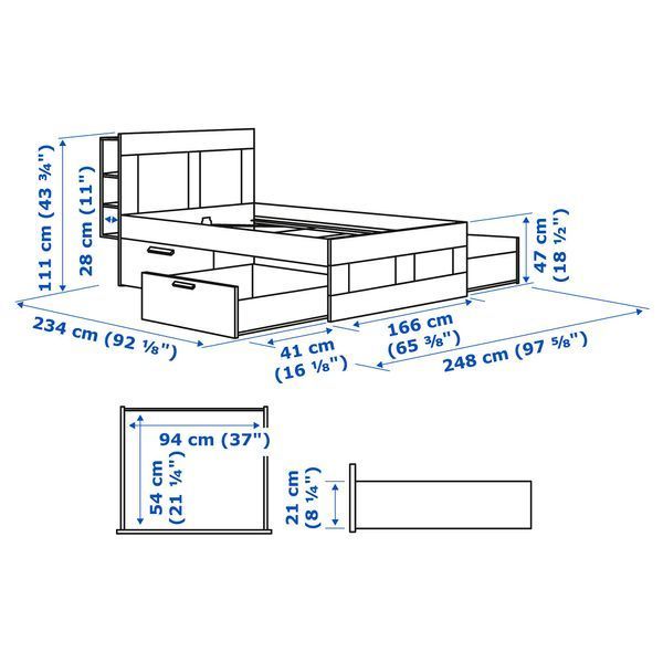ИКЕА Каркас кровати с ящиком для хранения BRIMNES БРИМНЭС, 891.574.55 Каркас кровати с ящиком для хранения, подголовник, белый, Лурой, 160x200 см 891.574.55 фото