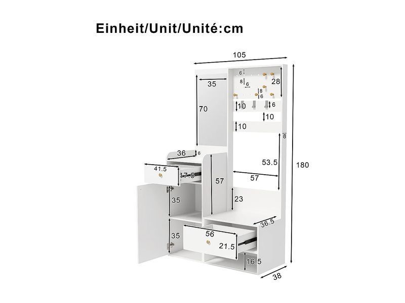 Современный шкаф для одежды - 105 x 38 x 180 см - с зеркалом + регулируемыми вешалками + 1 дверью + 2 ящиками + журнальным 4806086-0057836 фото