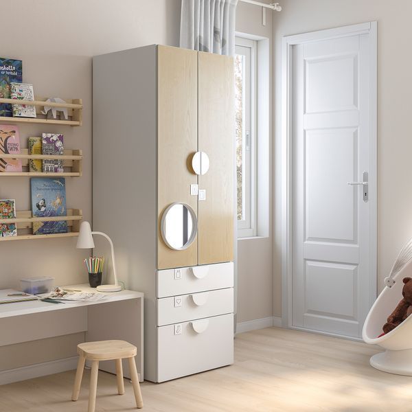 ИКЕА Шкаф SM&Aring;STAD СМОСТАД / PLATSA ОПХУС, 394.308.53 Шкаф, белый, береза с 3 ящиками, 60x57x181 см 394.308.53 фото