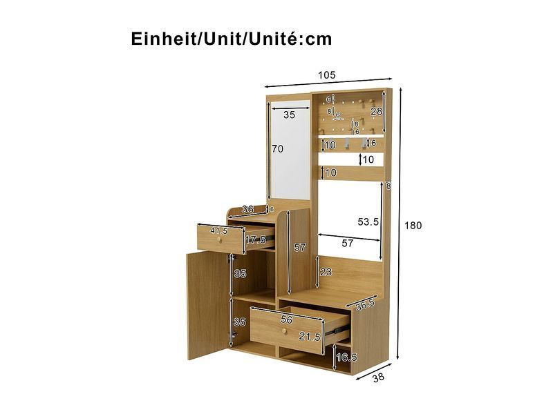 Современный шкаф для одежды - 105 x 38 x 180 см - с зеркалом + регулируемыми вешалками + 1 дверью + 2 ящиками + журнальным 4806085-0057837 фото