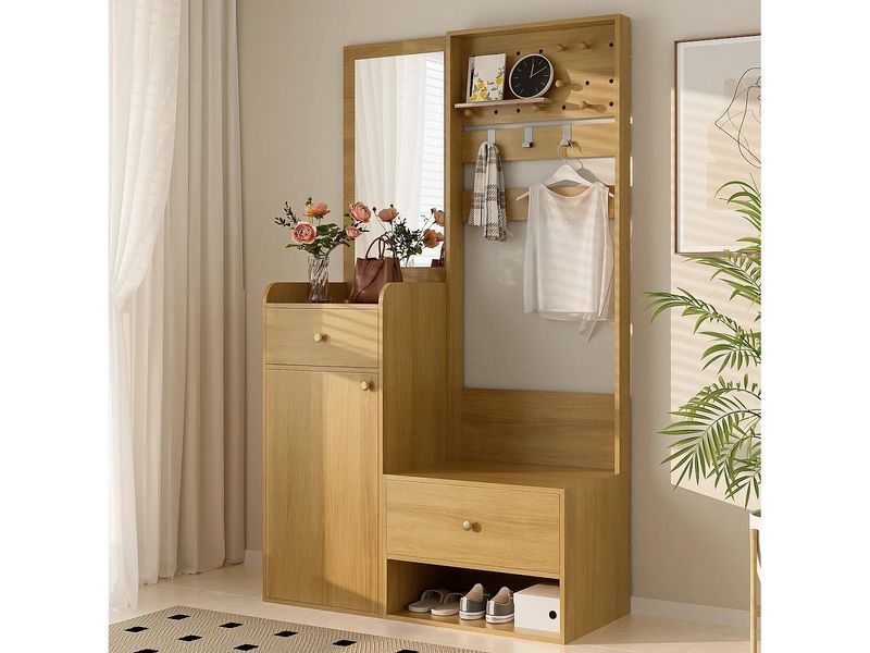 Современный шкаф для одежды - 105 x 38 x 180 см - с зеркалом + регулируемыми вешалками + 1 дверью + 2 ящиками + журнальным 4806085-0057837 фото