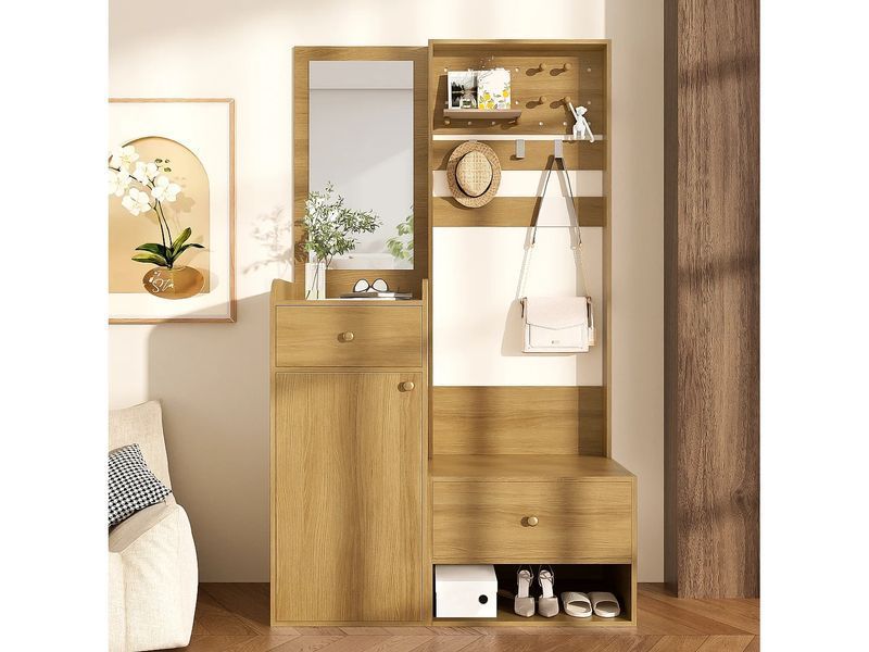 Современный шкаф для одежды - 105 x 38 x 180 см - с зеркалом + регулируемыми вешалками + 1 дверью + 2 ящиками + журнальным 4806085-0057837 фото