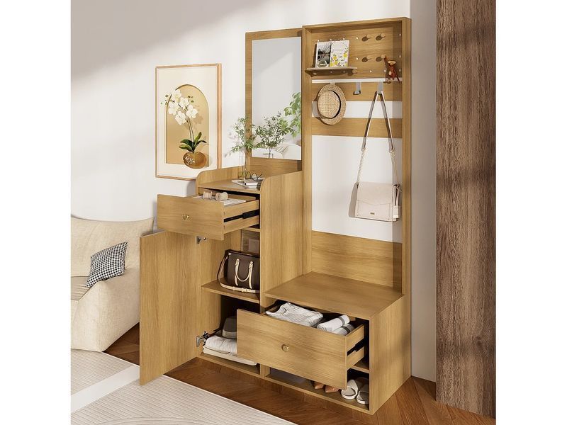 Современный шкаф для одежды - 105 x 38 x 180 см - с зеркалом + регулируемыми вешалками + 1 дверью + 2 ящиками + журнальным 4806085-0057837 фото
